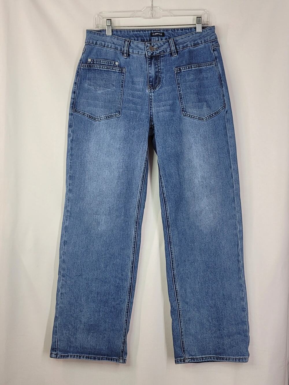 FLAMINGALS Wide Leg High Waist Front Patch Pockets Stretch Denim Jeans Size L